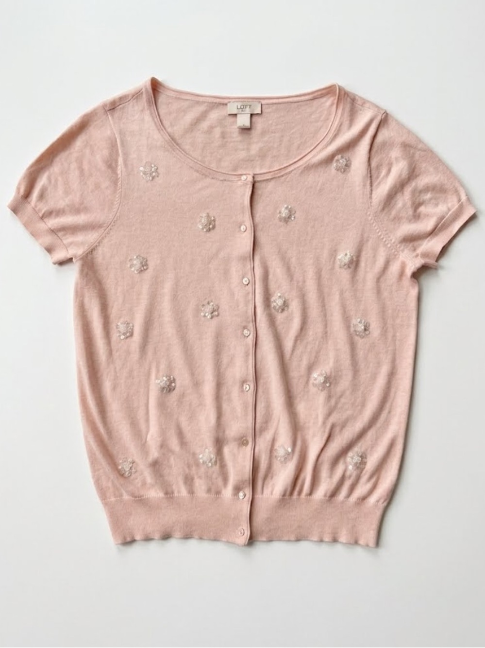 LOFT Cotton Light Pink Short-Sleeve Button Front Cardigan Embellished Sequin